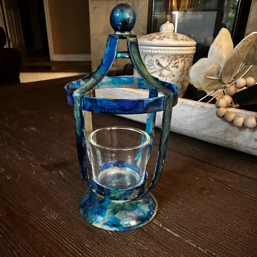 Handcrafted blue metal lantern votive holder with glass cup decorative accent